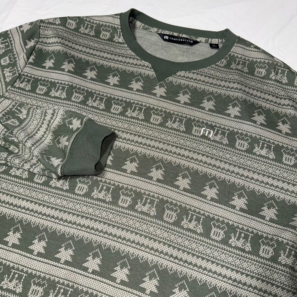 Travis Mathew Family Time Christmas Holiday Crewneck Sweater Mens Large Green